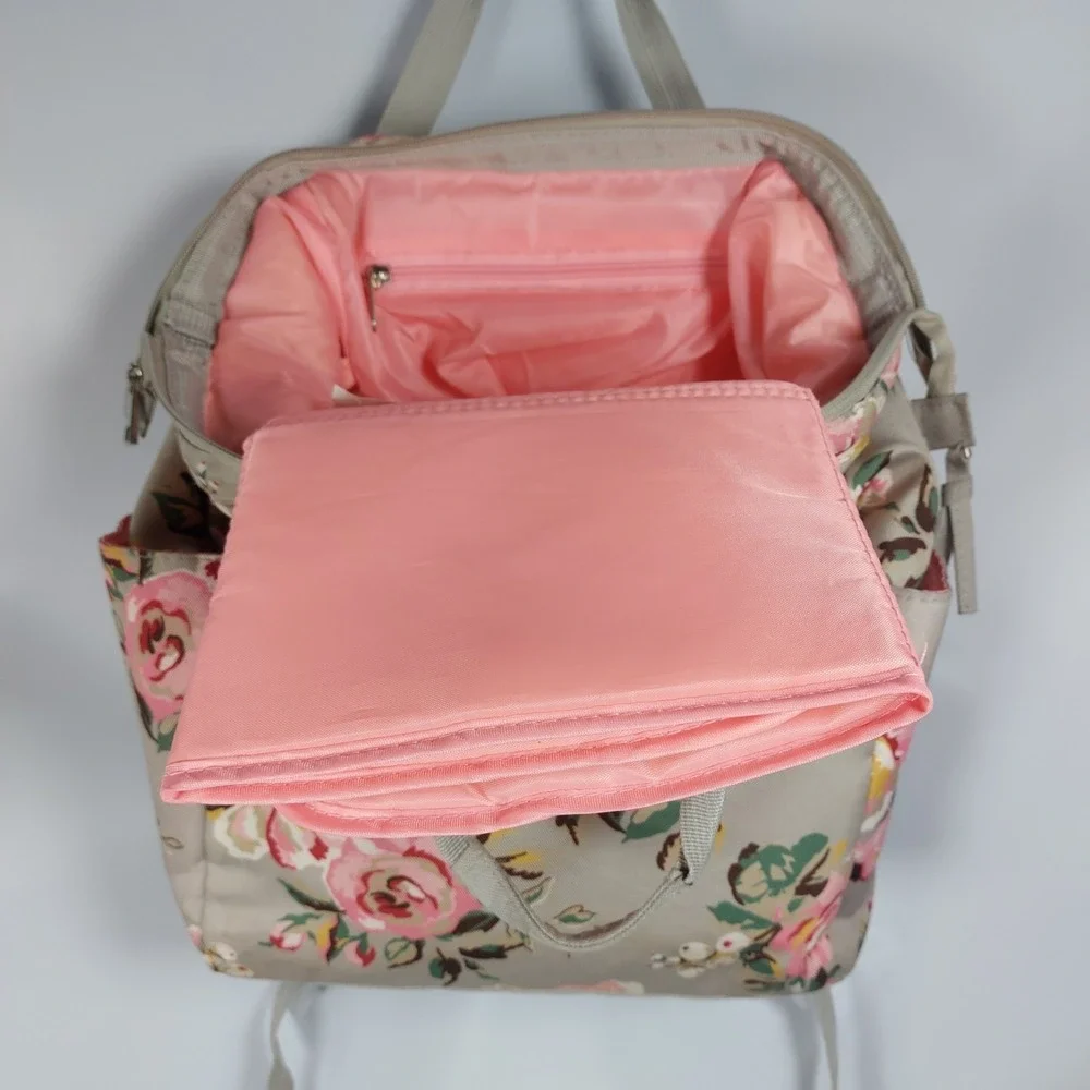 Baby Essentials Floral Backpack Diaper Bag Gray Pink Pockets Straps Changing Pad